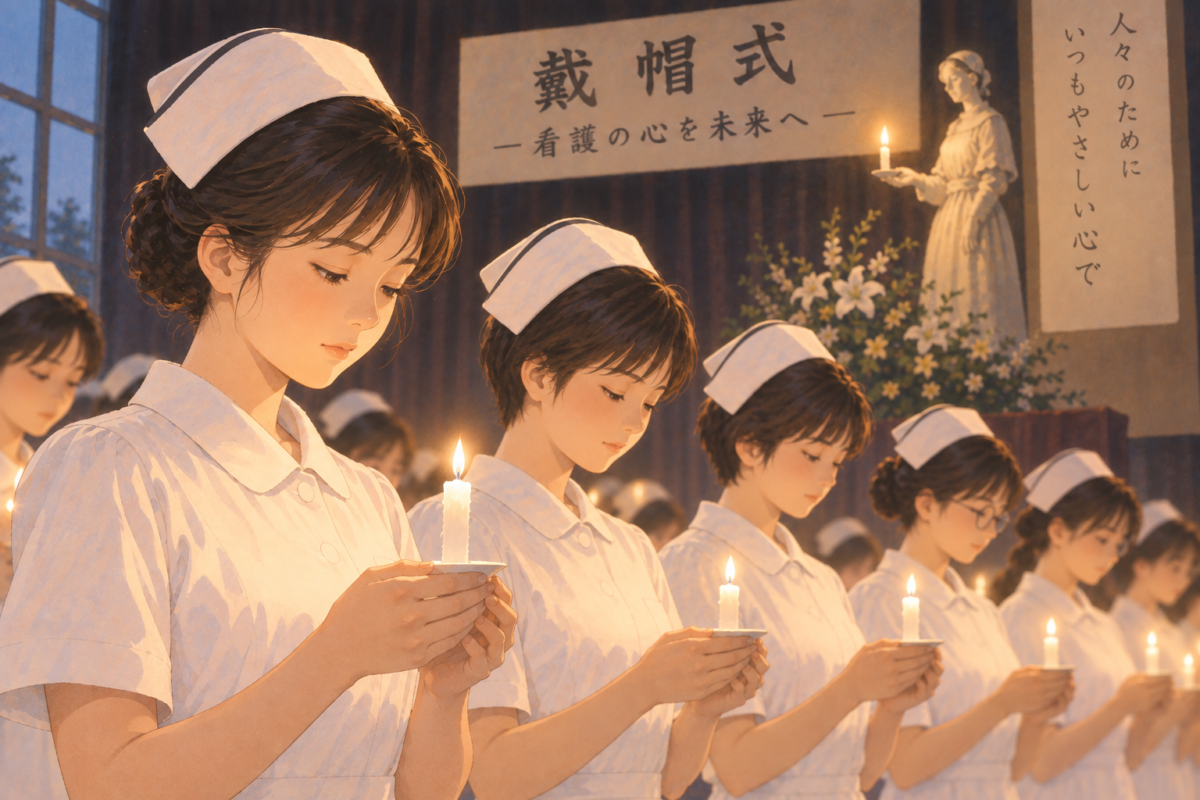 1980年代の戴帽式で、ナースキャップを着けてろうそくを持つ看護学生たちのイラスト